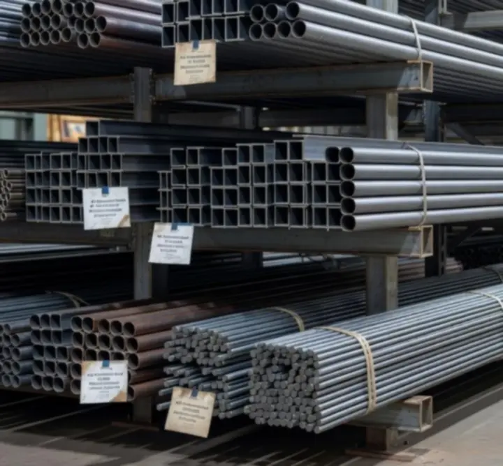 Elementy metalowe ułożone na regałach magazynowych