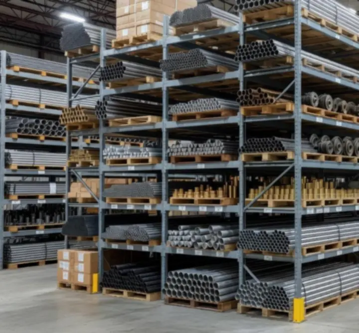 Magazyn przemysłowy z regałami pełnymi komponentów metalowych, instalacyjnych i hydraulicznych