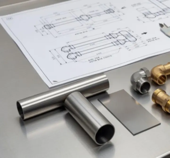 Zestaw komponentów metalowych ułożonych na stole warsztatowym