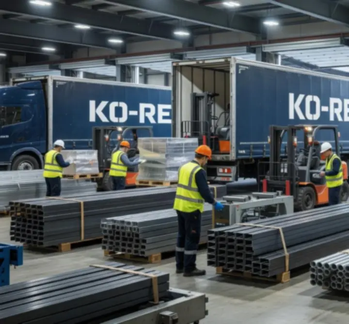 Załadunek ciężarówek przy rampie magazynowej z materiałami technicznymi KO-REK